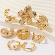 Resim 8 adet Set Moda Okyanus Tarzı Metal Yüzükler, Altın Yıldız Balığı, Kabuk, Su Damlası, Çiçek Açık Yüzük, Kadınlar Gündelik Rahat Tatil Aksesuarları 