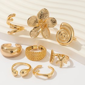 Resim 8 adet Set Moda Okyanus Tarzı Metal Yüzükler, Altın Yıldız Balığı, Kabuk, Su Damlası, Çiçek Açık Yüzük, Kadınlar Gündelik Rahat Tatil Aksesuarları 
