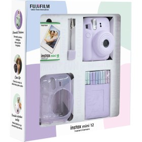 Resim Fujifilm Instax mini 12 Lila Fotoğraf Makinesi 10'lu Film Simli Pleksi Kılıf Mandal ve Kıskaçlı Resim Standı 
