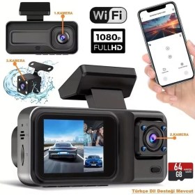 Resim İlkyaz Fashion Üç Kameralı Ön Iç Arka Araç Içi Kamera Wifi Viidure App Mpıa CC38 64GB 