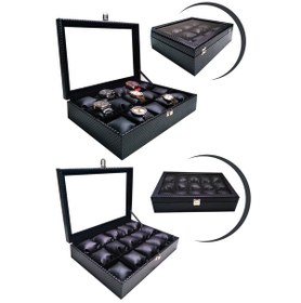 Resim 15'Li Diamond Deri Kaplı Ahşap Cam Kapaklı Siyah Saat Kutusu (486765247) 