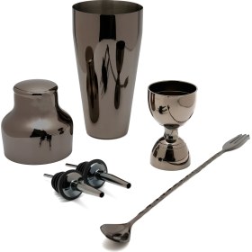 Resim TheBRo 550ml Parlak Siyah French Shaker ,Jigger,Şişe Dökücü Ve Çatallı Bar Kaşığı Kokteyl Seti 