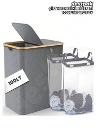 Resim Bambu Kumaş Kirli Çamaşır Sepeti - İki Bölmeli - Joseph Model Antrasit 