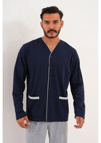 Resim Çift Kaplan Erkek Düz Önden Düğmeli Lacivert Pijama Takımı 8002 Lacivert 
