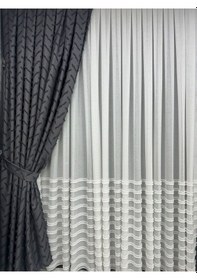 Resim Çapraz Saçak Fonluk Pamuklu Keten Koyu Gri Fon Perde 1/3 Sık Pile Tek Kanat Koyu Gri 