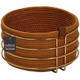 Resim Altın Yuvarlak Hardal Hasır Örmeli Makrome Ekmek Sepeti 