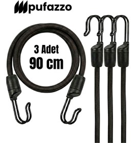 Resim PUFAZZO Paslanmaz Çelik Çift Kancalı Bagaj Lastiği - Siyah 90 cm 3 Adet - Dayanıklı Sabitleme Lastiği 