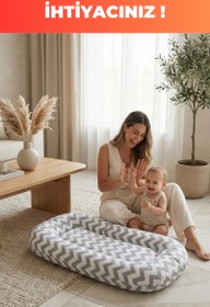 Resim Organik Pamuk Yeni Doğan Baby Nest – Gri Zigzag Desenli – Nefes Alabilen, Anti-Alerjik, Taşınabilir & Beşik İçi Kullanıma Uygun 