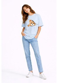 Resim Fermuarlı Ayıcık Baskılı Kadın Tişört Oversize Sevimli Teddy Bear Mavi 