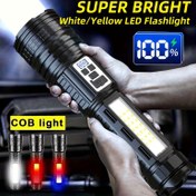 Resim 1 adet Güçlü LED El Feneri, USB Şarj Edilebilir El Feneri, Yakınlaştırılabilir Beyaz/Sarı Işık Feneri, Çoklu Aydınlatma Modları Acil Aydınlatma Fenerleri, Yan Işıklar, Pil Seviyesi Göstergesi ile, Balıkçılık, Barbekü, Gece Aydınlatması için İlk Seçenek 