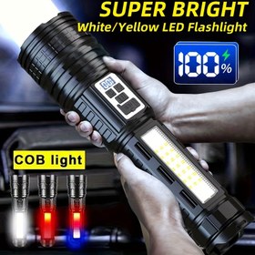 Resim 1 adet Güçlü LED El Feneri, USB Şarj Edilebilir El Feneri, Yakınlaştırılabilir Beyaz/Sarı Işık Feneri, Çoklu Aydınlatma Modları Acil Aydınlatma Fenerleri, Yan Işıklar, Pil Seviyesi Göstergesi ile, Balıkçılık, Barbekü, Gece Aydınlatması için İlk Seçenek 