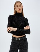 Resim Floral Kadife Crop Body Balıkçı Yaka Uzun Kollu Slim Fit 