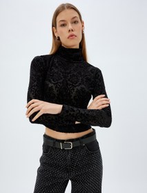 Resim Floral Kadife Crop Body Balıkçı Yaka Uzun Kollu Slim Fit 