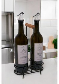 Resim Digithome Petra 2'li Siyah Metal Standlı Ahşap Saplı Yağdanlık Seti Gümüş Etiketli Amber Yağlık 750 Ml Siyah 