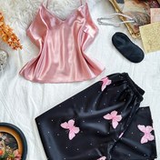 Resim Kadınların Seksi V-Yaka Kolsuz ve Pantolonlu Pijama Seti, Kelebek Desenli, %100 Polyester, Tüm Mevsimli Pijama, Göz Maskesi ile, Dokuma Kumaş, 90g/m² - Yetişkin Uyku Giyimi 