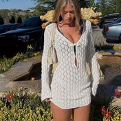 Resim Kadınların Şık V-Yaka Plaj Elbisesi - Kluksuz Düğme Detayı, Bahar/Yaz İçin Beyaz Polyester Kapak, Rahat Tatil Stili, Plaj Kapak|Anahtar Deliği Detayı|Esnek Kumaş 