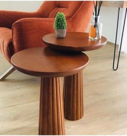 Resim Simillo Home&Living WOOD Wooden 2’li Set Fitilli Mantar Yan Sehpa Modern Açık Ceviz Renk Fiskos 