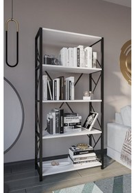 Resim Morpanya Mars Metal Kitaplık Dekoratif 5 Raflı Geniş Kitaplık Dosya Kitap Rafı Ofis Ev Rafı Beyaz 