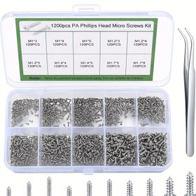 Resim 1200PCS Mini Kendiliğinden Vuran Vida Seti, Mikro Yıldız Başlı Metal Vida Çeşitleri Kiti, Sınıf 4.8 - Gözlükler, Saatler, Cep Telefonları, Kameralar, Dizüstü Bilgisayarlar için - M1/M1.2/M1.4/M1.7 Tava Başlı Küçük Mikro Vidalar 