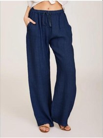 Resim İlkbahar Ve Yaz Kadın Pantolon Günlük Pamuklu Keten Bol Pantolon Lacivert 