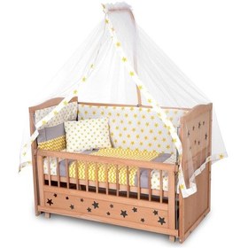 Resim Ahşap Beşik Anne Yanı Beşik Organik Boyasız 60x120 - Sarı Yıldız Tek Yastıklı Uyku Seti Yatak Ahşap 