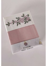 Resim Tek Kişilik 3 Parça Nakışlı Waffle Dokuma Pike Takımı-hediyelik Petekli Pike Legacy-pudra Pudra Pudra 