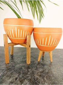 Resim Bitki Tasarımı Ev Dekorasyon Dik Çizgi Desenli Terrakota Toprak Saksı İkili Set 3 Ayaklı- 4 Ayaklı-15 Cm 