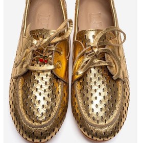Resim Luvishoes Stevo Altın Hakiki Deri Delikli Bağcıklı Kadın Loafer Ayakkabı 