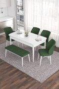 Resim Canisa Eva Serisi 80x132 Açılabilir Mdf Mutfak Masası Takımı Beyaz Masa 4 Haki Yeşil Sandalye 1 Bench 