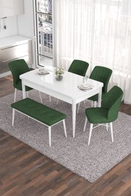 Resim Canisa Eva Serisi 80x132 Açılabilir Mdf Mutfak Masası Takımı Beyaz Masa 4 Haki Yeşil Sandalye 1 Bench 