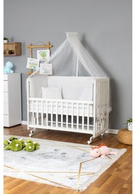 Resim Ahşap Beşik Anne Yanı Beşik Beyaz 70x130 - Beyaz Güpür Uyku Seti + Yataklı + Tekerlekli Beyaz 