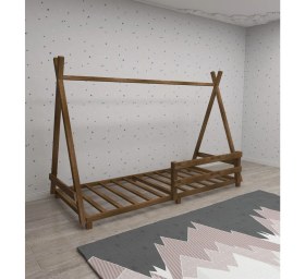 Resim Panda Doğal Ahşap Bebek ve Çocuk Montessori Karyola Ceviz Renk 