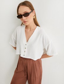 Resim Crop Gömlek Kısa Kollu Düğmeli V Yaka 