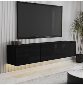Resim T0020 Alston Duvara Monte Tv Ünitesi Led Işıklı, Modern Tasarım, 160 Cm - Parlak Siyah Parlak Siyah 