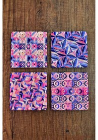 Resim Doğal Taş Bardak Altlığı - Mor Desenlerbaskılı 10x10cm Stone Coasters Çok Renkli 