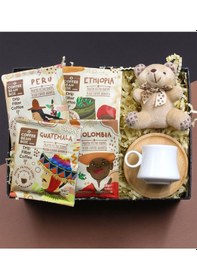 Resim Bambulu Beyaz Türk Kahve Fincanı & 4'lü Dünya Kahveleri Seti & Peluş Anahtarlık Hediye Seti 