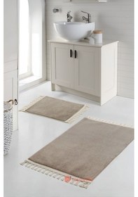 Resim Simirna Ponpon Saçaklı Peluş Yıkanabilir Kaymaz Banyo Paspası 2'li Klozet Takımı Vizon Vizon 