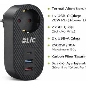 Resim Blic Rose Teknoloji Ftr-07 Termal Akım Korumalı 2 USB 1 TYPE-C Girişli Duvar Tipi Priz 