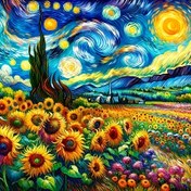Resim Vincent van Gogh - Güneş Çiçekleriyle Yıldızlı Gece, DIY 5D Elmas Boyama Kiti, Yuvarlak Elmas Sanat Seti, Elde Boyanmış Tuval Dekoru, Çerçevesiz 19.99x19.99 cm - Ev, Yatak Odası, Oturma Odası Dekorasyonu veya Hediye için İdeal, Yatak Odası Duvar Sanatı | Canlı Manzara Sanatı | Detaylı Tuval Sanatı, Güneş Çiçeği Dekoru 