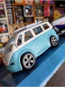 Resim OYUNCAKSAHİLİ 1962 Model Volkswagen Tarzı Minibüs Metal Tekne Taşır Sörf Römorklu 2li Diecast Model Oyuncak 