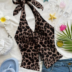Resim Kadınlar için Leopar Desenli Halter Boyun Bağcıklı Önü ve Çapraz Sırt Kolsuz Üst - Ayarlanabilir Fiyonk Detayı, Büzgülü Bükümlü Etek & Yırtmaç - Yazlık Hafif Esnek Plaj Giysisi, Müzik Festivalleri, Tatiller 