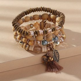 Resim 4 Adet Bohem Moda Trend El Yapımı Boncuklu Ahşap Püskül Fil Yaprak Kadınlar için Esnek Bilezik Seti, Bayanlar İçin Uygun Hediye Seyahat Plaj Tatil Parti Günlük Kullanım 