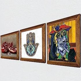Resim Pinecone Picasso Ağlayan Kadın, Nar, Fatma Ana Eli (Hamsa) Taş Duvar Tablosu - Ahşap Çerçeveli Taş Tablo - 25x25 cm - 3 Parça Set - Dekoratif Duvar Sanatı - Modern Ev ve Ofis Duvar Dekoru W3-779 