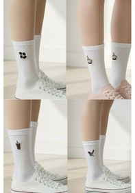 Resim Kahve Seti Minimal Nakışlı Yazlık Kışlık Unisex 4 Çift Beyaz Soket Çorap Seti Beyaz 