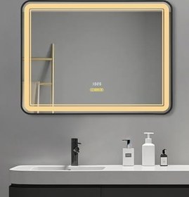 Resim Akıllı Ayna Buhar Tutmayan Hareket Sensörlü 3 Renk Ledli Siyah Çerçeveli Banyo Lavabo Aynası 80x60 