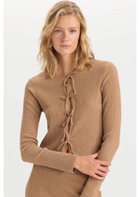 Resim DeFacto Bisiklet Yaka Basic Düz Bürümcük Uzun Kollu Önden Bağlamalı Hırka D6296AX24AUBG138 Bej 