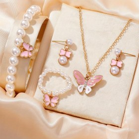 Resim 1set Sevimli İnci Kelebek Trendy Kolye Küpe İnci Bilezik Yüzük Seti Kızlar İçin 