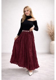 Resim Bordo Crush Kırışık Uzun Etek Bordo 