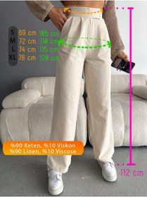 Resim AB LOOKS Krem Ekru Beli Cırt Cırtlı Rahat Kesim Palazzo Kadın Yüksek Bel Keten Pantolon 