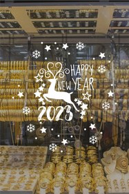 Resim kitchengenie Happy new year geyik ve 2023 yılbaşı süslemeleri özel yıl vitrin,cam,duvar özel sticker, 